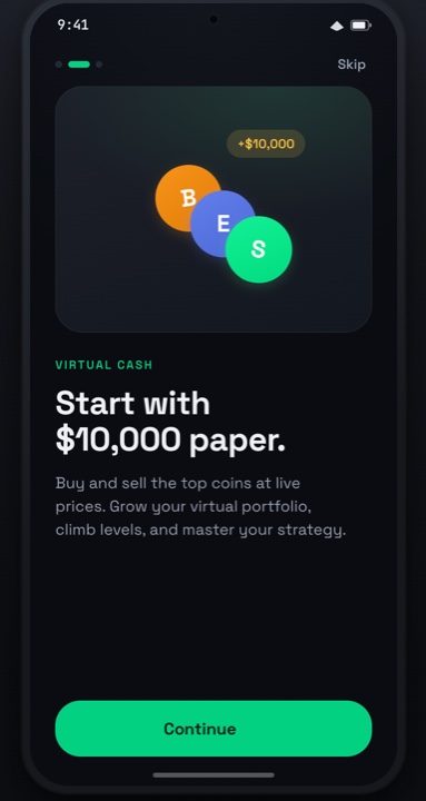 Onboarding: start with $10,000 in virtual cash