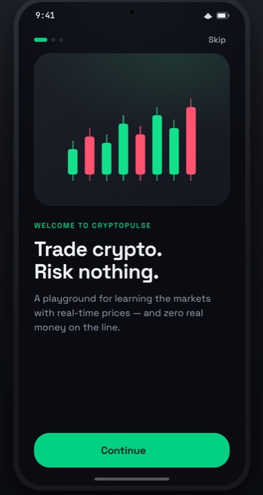 Welcome screen: Trade crypto. Risk nothing.